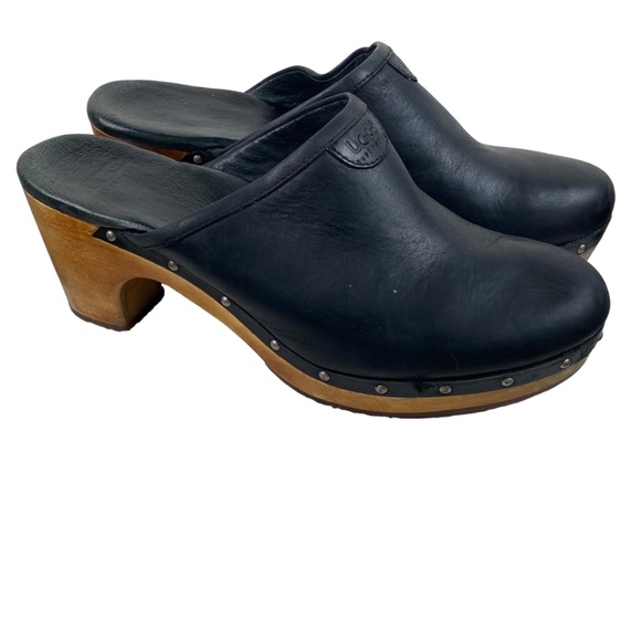 UGG Abbie Sz 9 Wooden Platform Clogs Mules Shoes Black Leather Fur Lined Studded - Picture 3 of 12